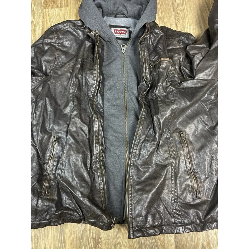Levis Leather Jacket Mens Size XL Black Solid Hooded Full Zip Collared Polyester